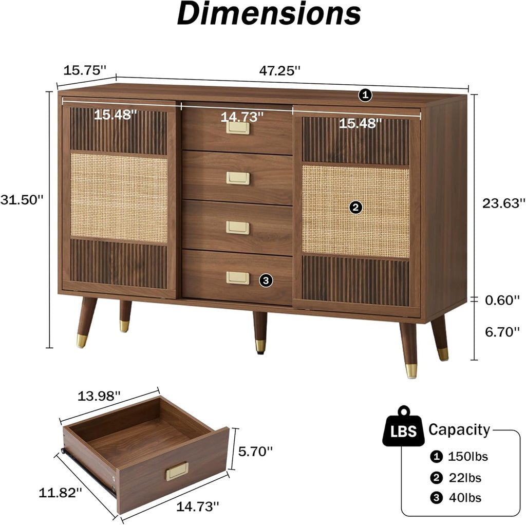 Sideboard Buffet Cabinet with Storage, 47" Rattan Kitchen Storage Cabinet with 2 Slide Doors and 4 Drawers, Accent Cabinets with Adjustable Shelves, Wooden Coffee Bar for Kitchen Dining Room (Walnut)