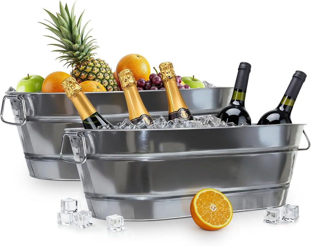 PLEXON Galvanized Tub with Handles - Beverage Tub - Metal Ice Bucket for Parties - Ice Bucket for Cocktail Bar Restaurant - Drink Beer Champagne Chiller Cooler - 5.3 Gallon (20L), Set of 2