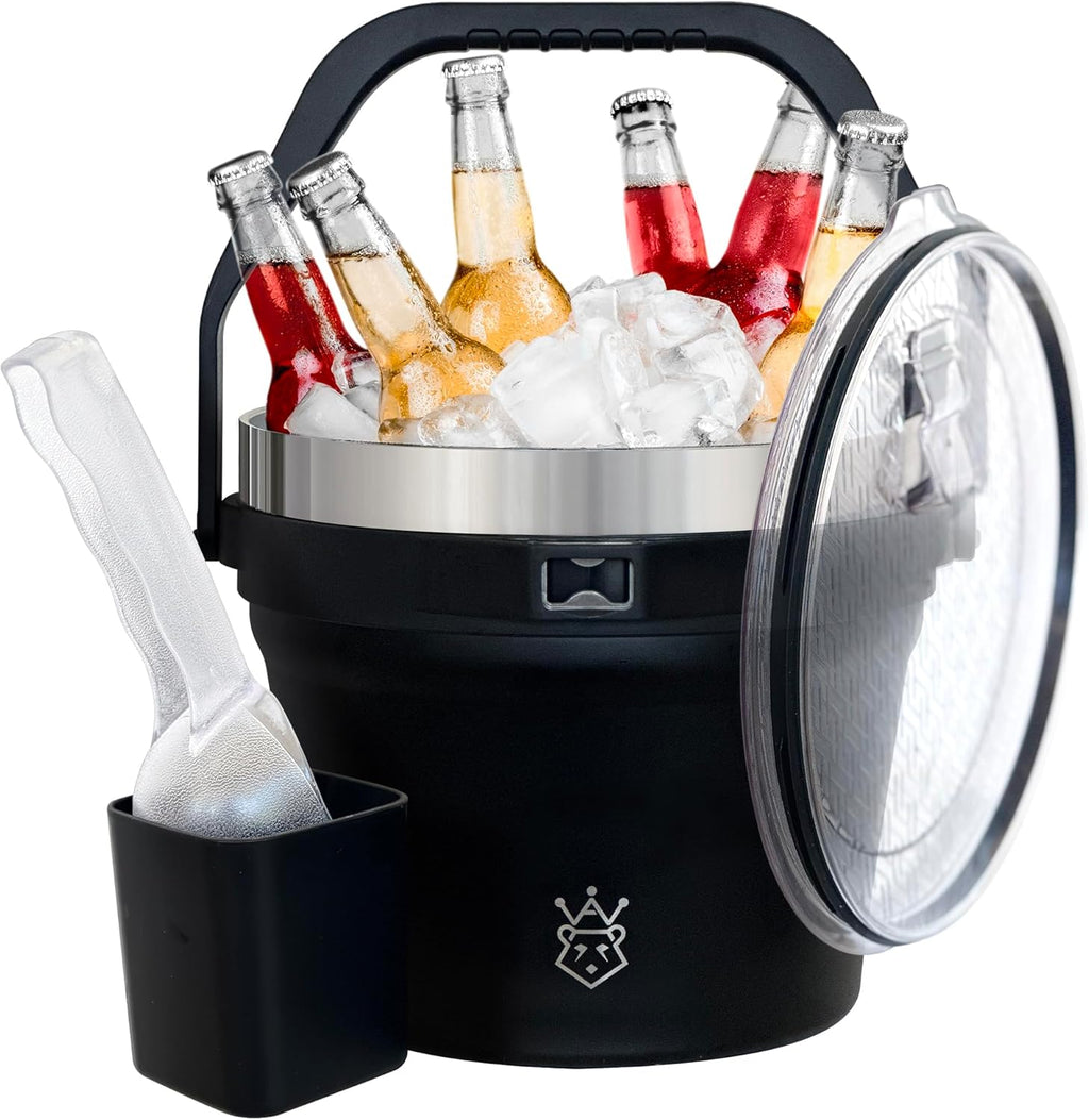 Insulated Ice Bucket with Lid & Scoop-XL Double-Walled, bar Essentials for Entertaining, Holiday Party, Stainless Steel Wine Chiller, Beverage Tub with Handle, Bottle Opener, Great Gift(Steel Black)