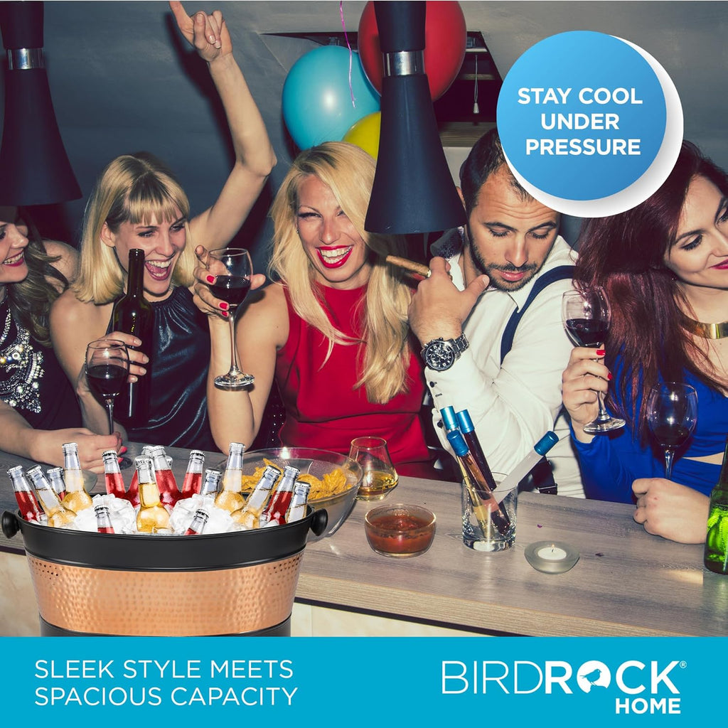 BIRDROCK HOME 25 Quart Oval Stainless Steel Beverage Tub with Removable Iron Liner - Black Finish with Copper Band, Large Capacity, Ideal for Home Entertaining, Events, and Parties
