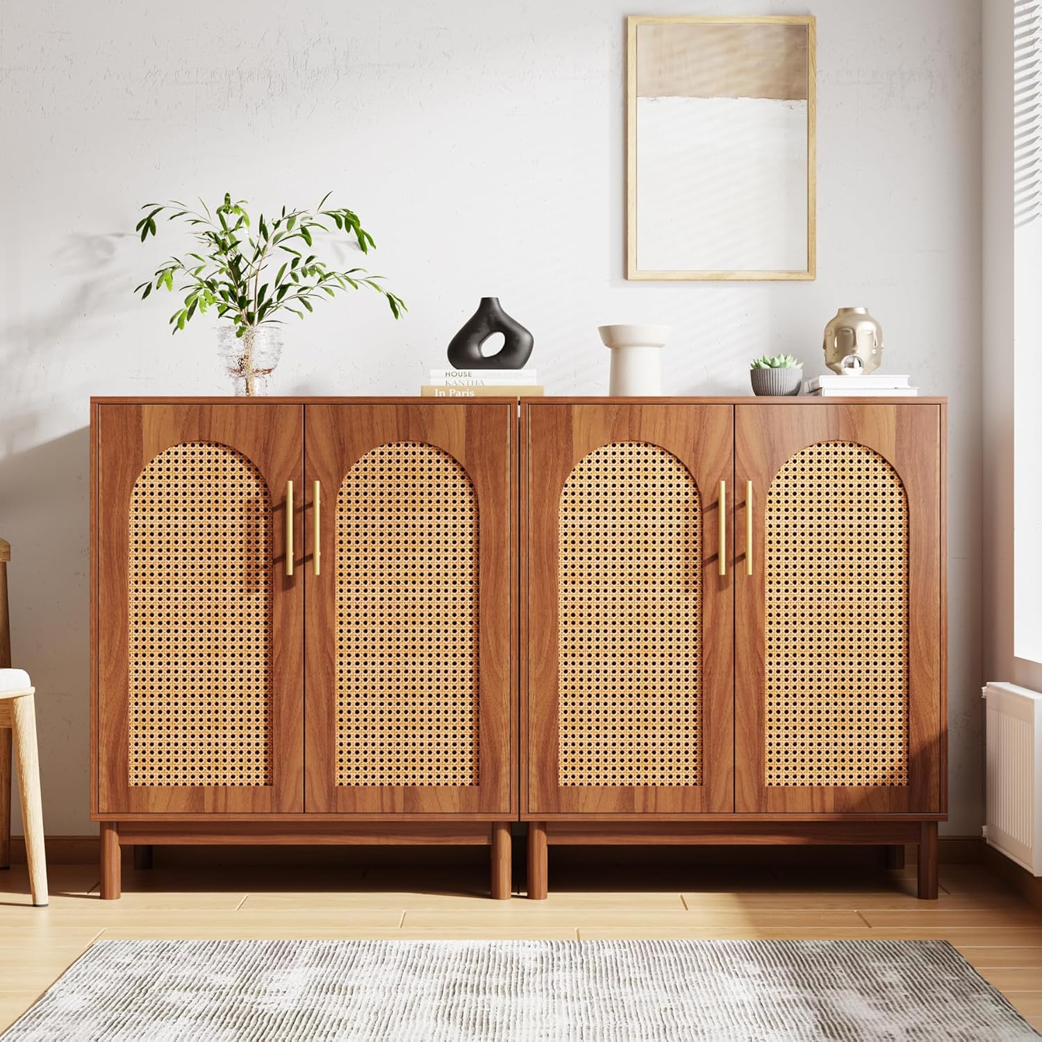 Tribesigns Set of 2 Rattan Sideboard Buffet Cabinet with Storage, 59 Inch Accent Cabinet for Dining Room, Living Room, Kitchen, Rattan and Dark Brown