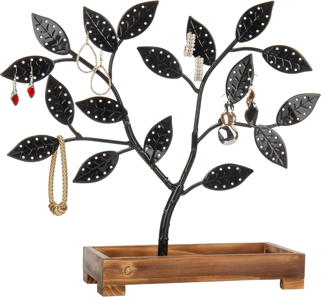 MyGift Earring Storage Rack Organizer, Matte Black Metal Jewelry Tree, Necklace and Bracelet Hanger with Wooden Ring Tray Trinket Holder - Holds 68 Pairs of Earrings