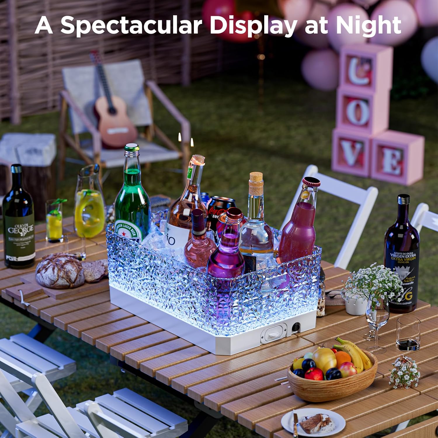 Plastic Ice Bucket for Parties, 15Liter / 4 Gallon Big Large Clear Beverage Tub for Champagne Beer Drink Wine Cocktails Bar, Hosting Party Essentials, LED Light Up, Rectangular, Leakproof