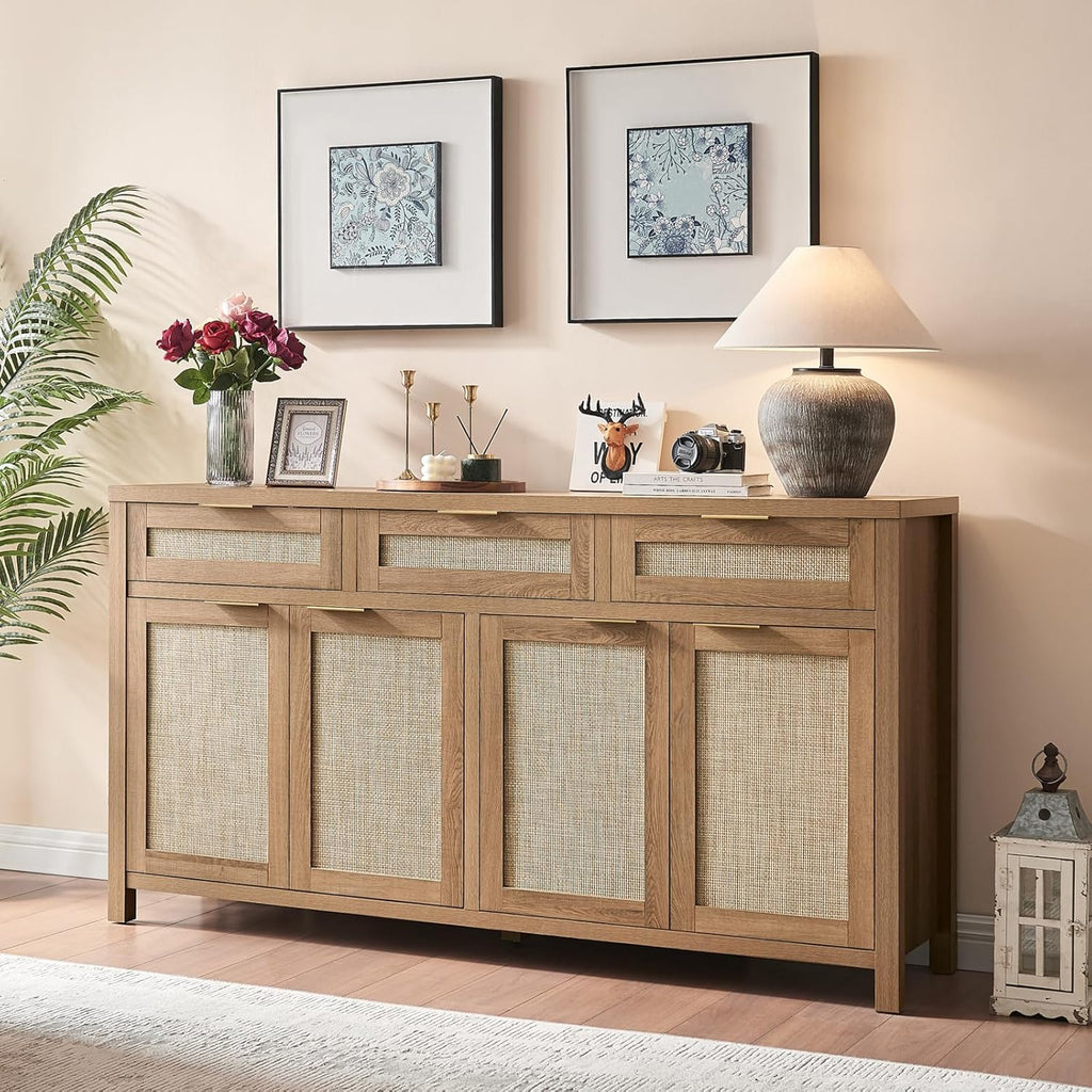 Rattan Sideboard Buffet Cabinet, Boho Storage Cabinet with Adjustable Shelves, Farmhouse Credenza Coffee Bar Cabinets with 4 Doors & 3 Drawers for Living Room, Hallway & Kitchen