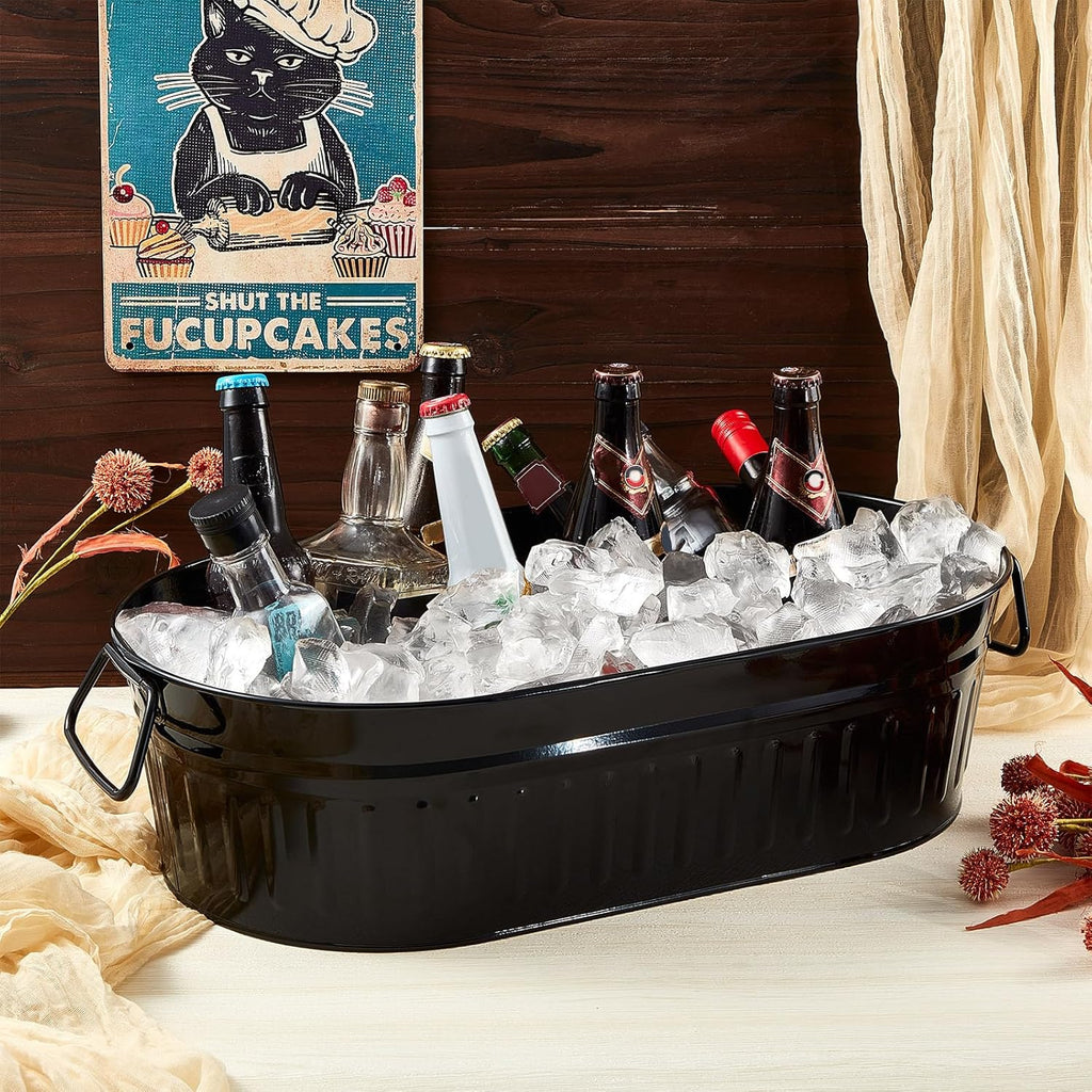 Lallisa 5.3 gallons Galvanized Beverage Tub Galvanized Bucket Metal Ice and Drink Bucket with Handles Tub for Parties Farmhouse Home Pool Bar(Black,2 Pcs)