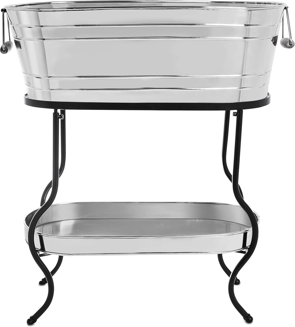 BIRDROCK Home Stainless Steel Beverage Tub with Stand - Bottom Tray - Ice Bucket - Party Drink Holder - Wooden Handles - Outdoor or Indoor Use - Free Standing