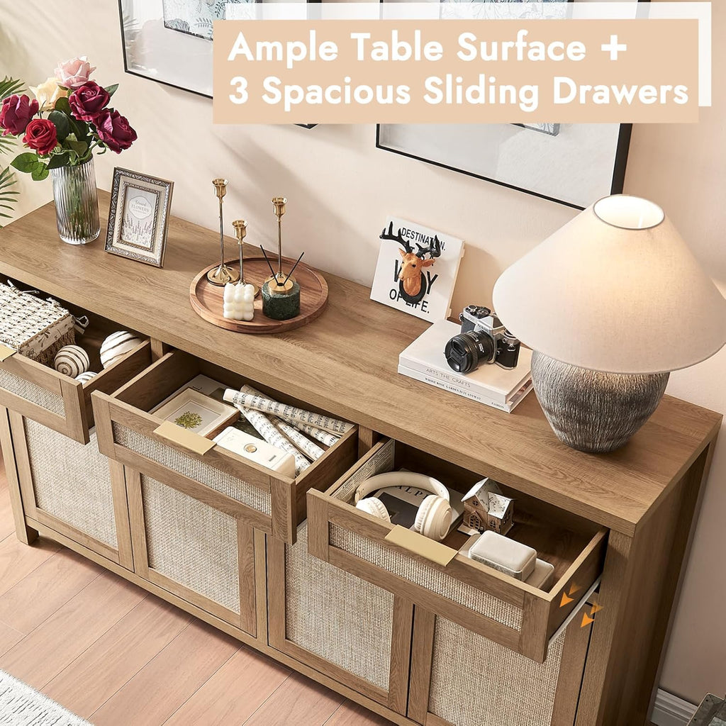 Rattan Sideboard Buffet Cabinet, Boho Storage Cabinet with Adjustable Shelves, Farmhouse Credenza Coffee Bar Cabinets with 4 Doors & 3 Drawers for Living Room, Hallway & Kitchen