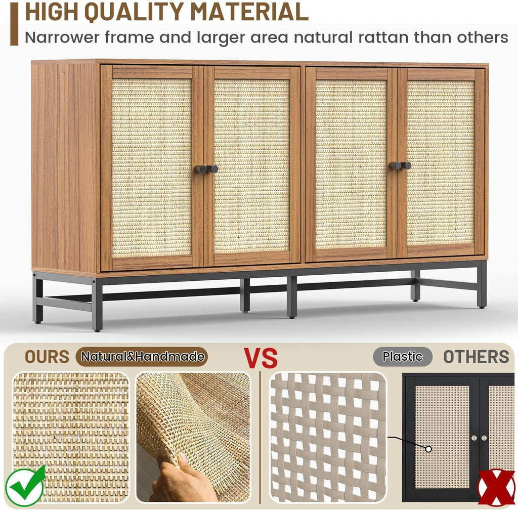 Rattan Sideboard Buffet Cabinet, Walnut Storage Credenza Accent Cabinet with 4 Doors, 59" Large Mid Century Modern Console Table for Kitchen, Living Room and Dining Room