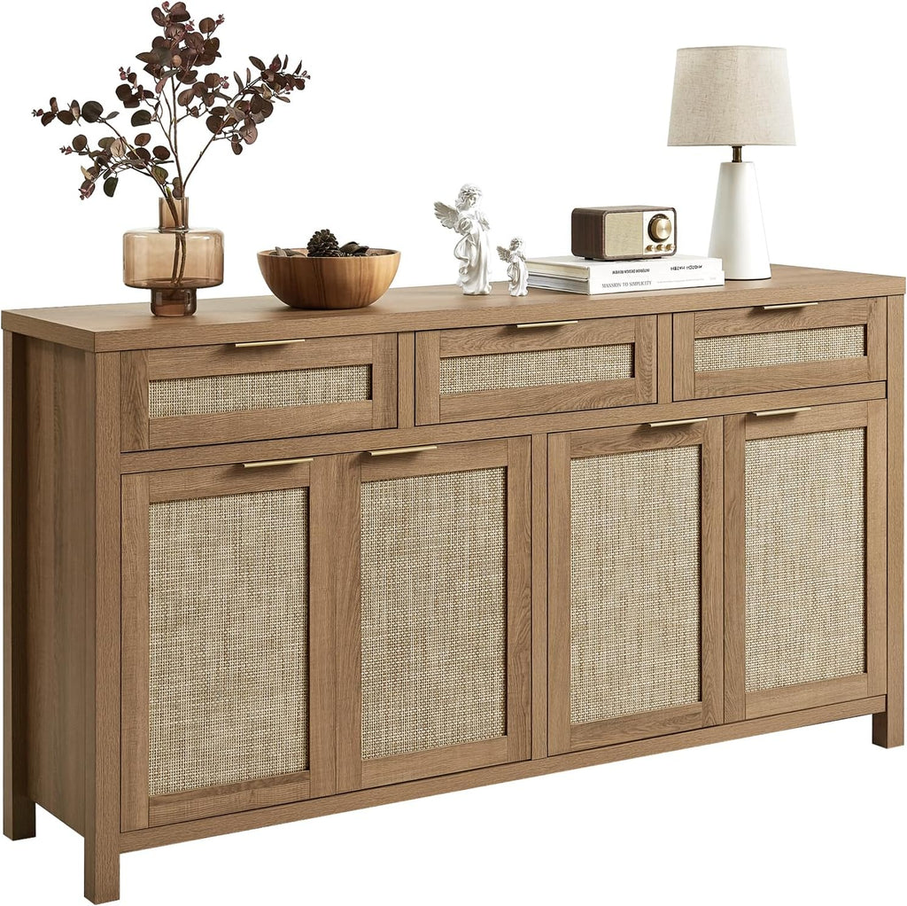 Rattan Sideboard Buffet Cabinet, Boho Storage Cabinet with Adjustable Shelves, Farmhouse Credenza Coffee Bar Cabinets with 4 Doors & 3 Drawers for Living Room, Hallway & Kitchen