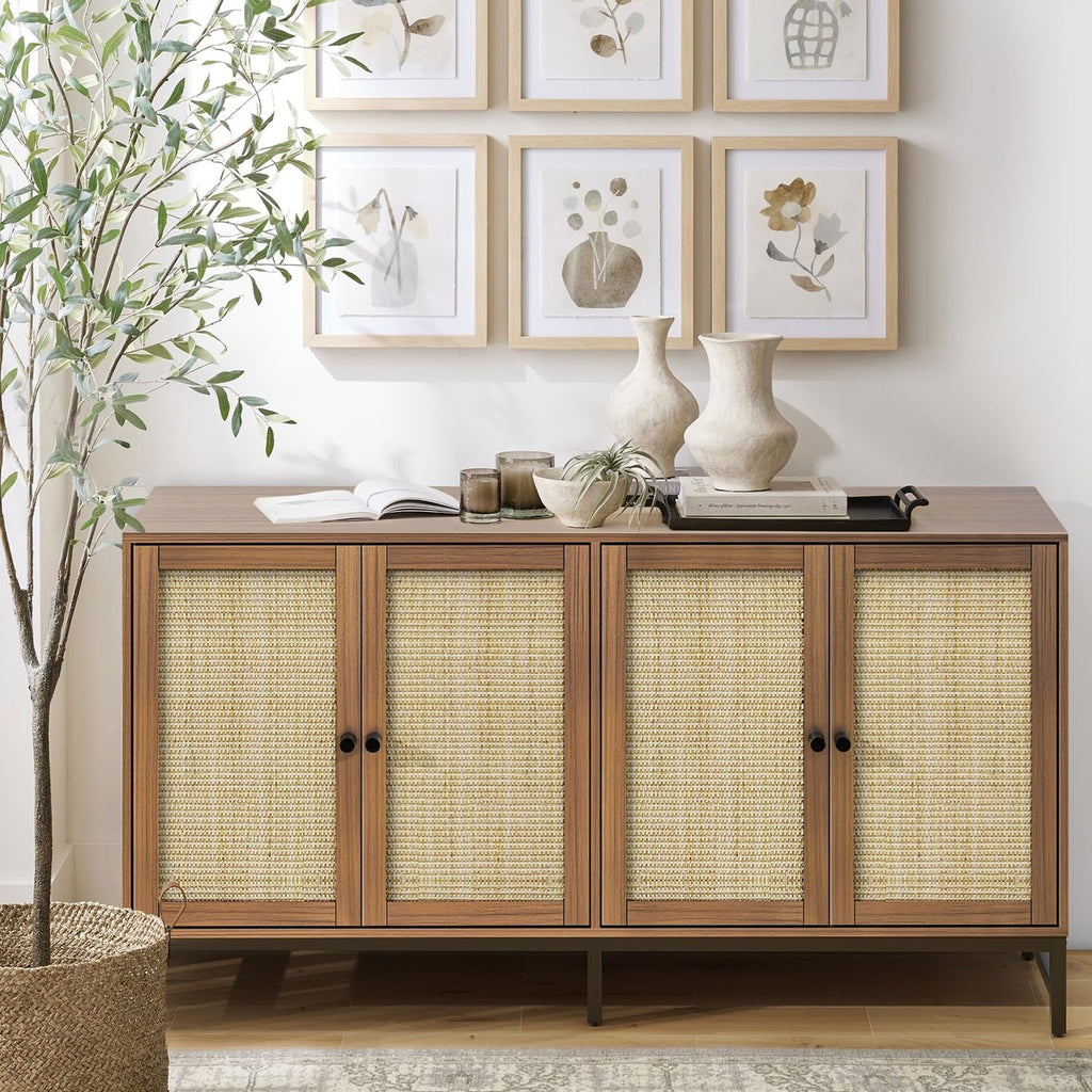 Rattan Sideboard Buffet Cabinet, Walnut Storage Credenza Accent Cabinet with 4 Doors, 59" Large Mid Century Modern Console Table for Kitchen, Living Room and Dining Room