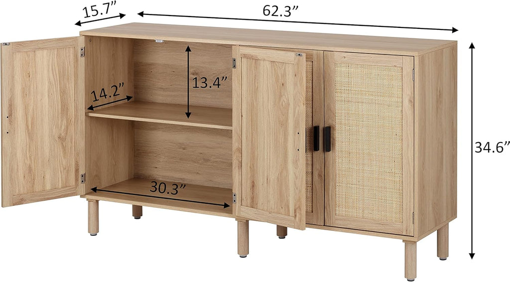Finnhomy 4 Door Sideboard Buffet Cabinet, Kitchen Storage Cabinet with Rattan Decorated Doors, Cupboard Console Table, Boho Accent Liquor Cabinet for Home Bar, 62.3X 15.7X 34.6 Inches, Natural
