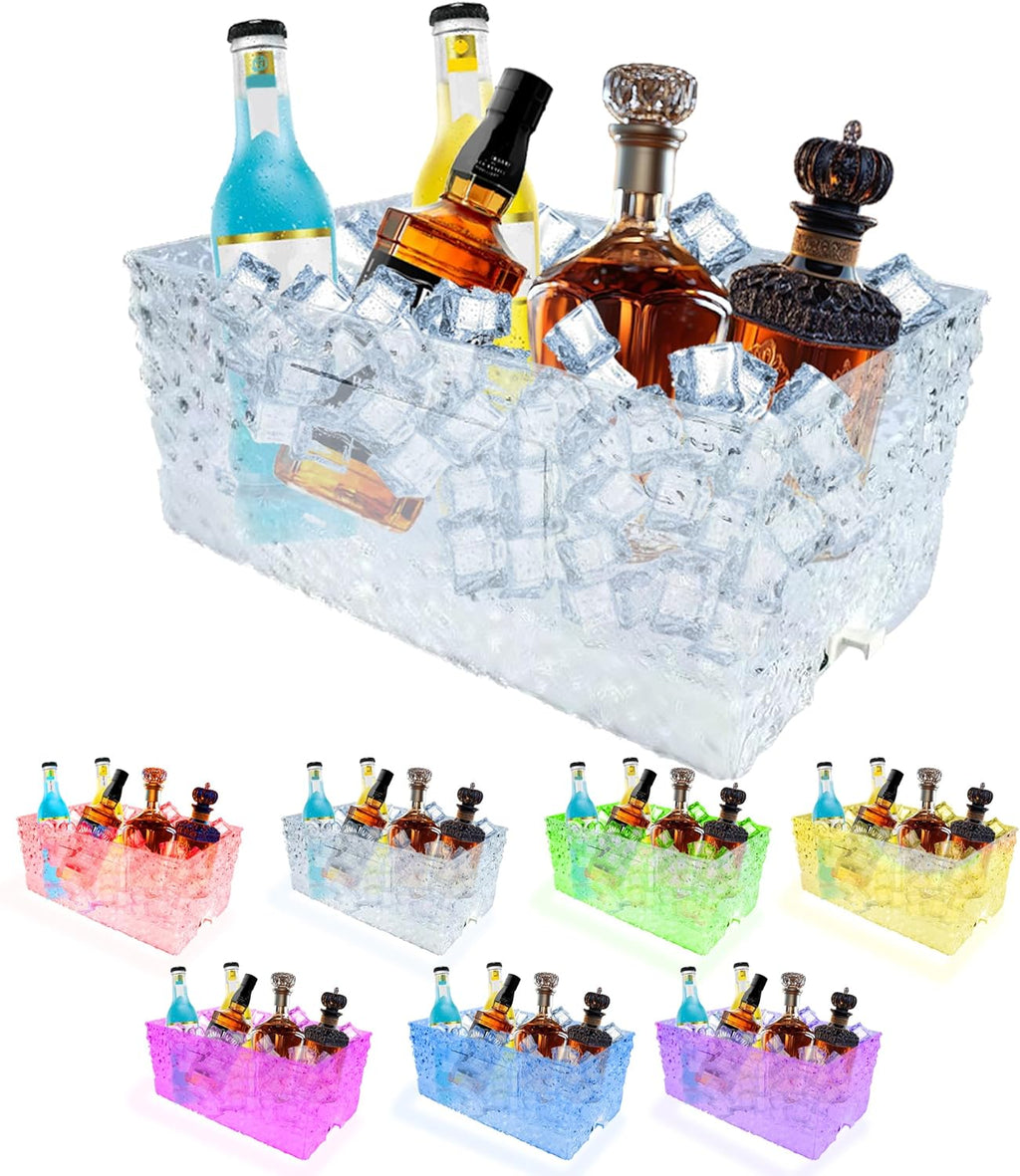 Plastic Colorful Ice Bucket for Parties,15Liter/4 Gallon Big LED Light Beverage Tub,Ice Bucket for Champagne/Beer/Drink/Wine/Cocktails/Bar,7-Color（Ice Grain ）