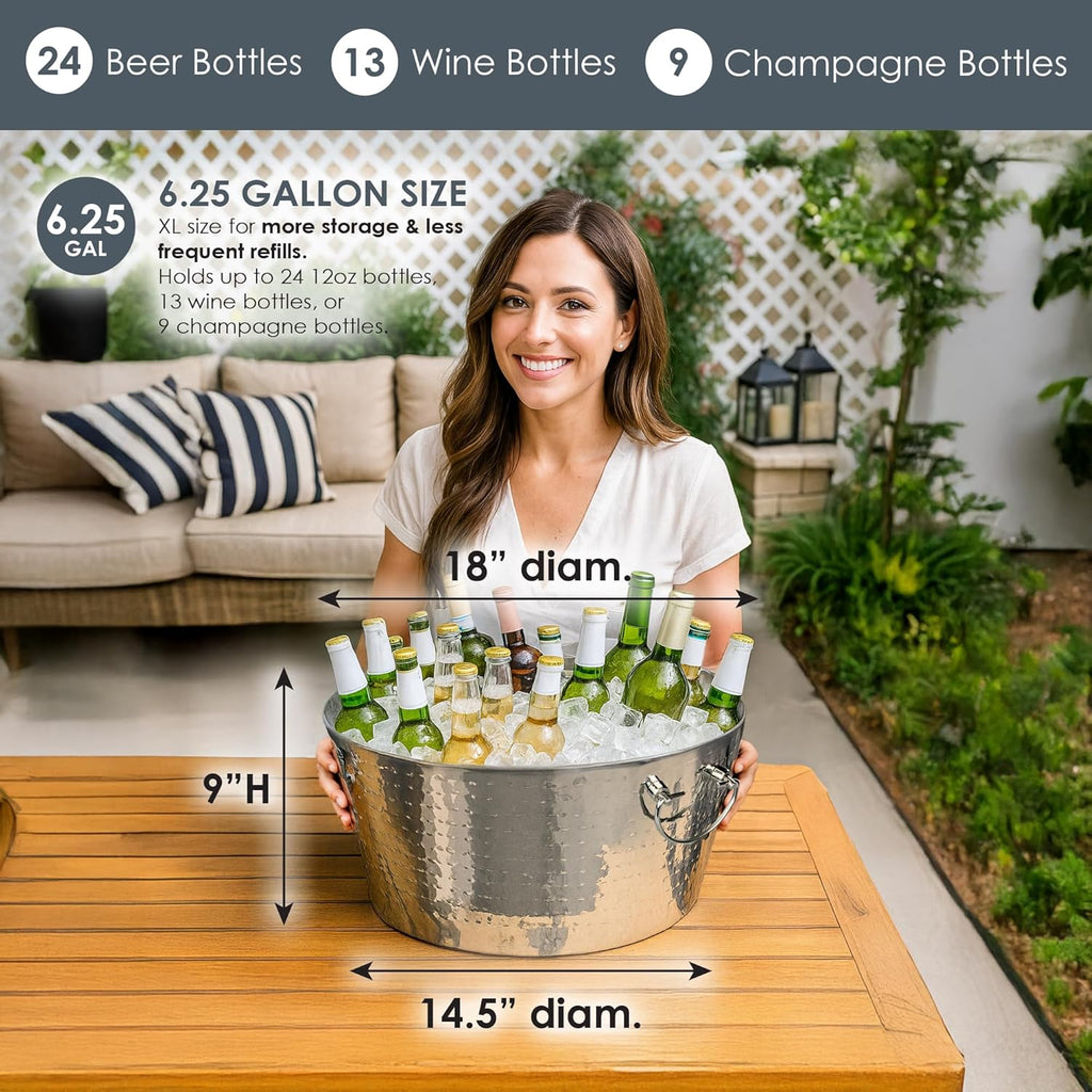BREKX 6.25 Gallon Large Stainless Steel Bucket for Parties, Double-Walled Insulated Anchored Drink Tub & Ice Bucket with Double Hinged Handles, Silver, Extra Large
