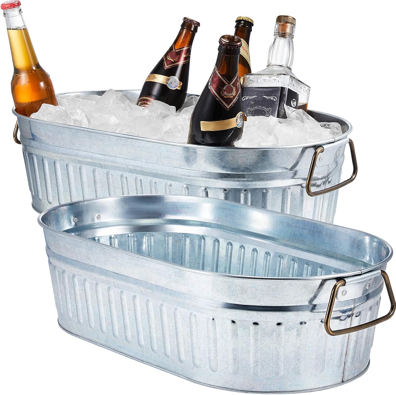 Lallisa 5.3 gallons Galvanized Beverage Tub Galvanized Bucket Metal Ice and Drink Bucket with Handles Tub for Parties Farmhouse Home Pool Bar(White,2 Pcs)