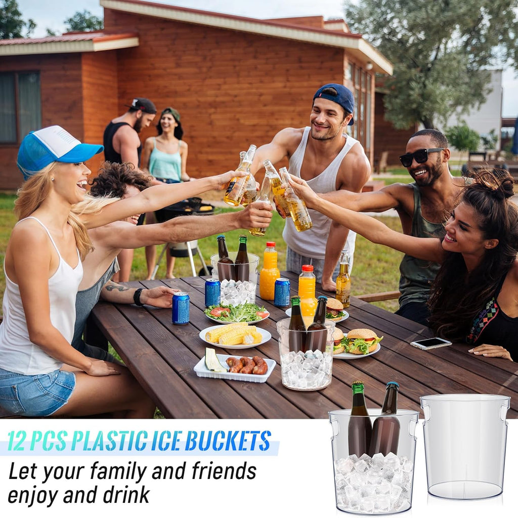 Tessco 12 Pcs Plastic Ice Buckets Clear Large Champagne Wine Cooler Bucket with Handle Portable Drinks Beverage Tubs Chiller Bin for Party Bar Wedding Beer Bottle(4.4L/4.7Quart)