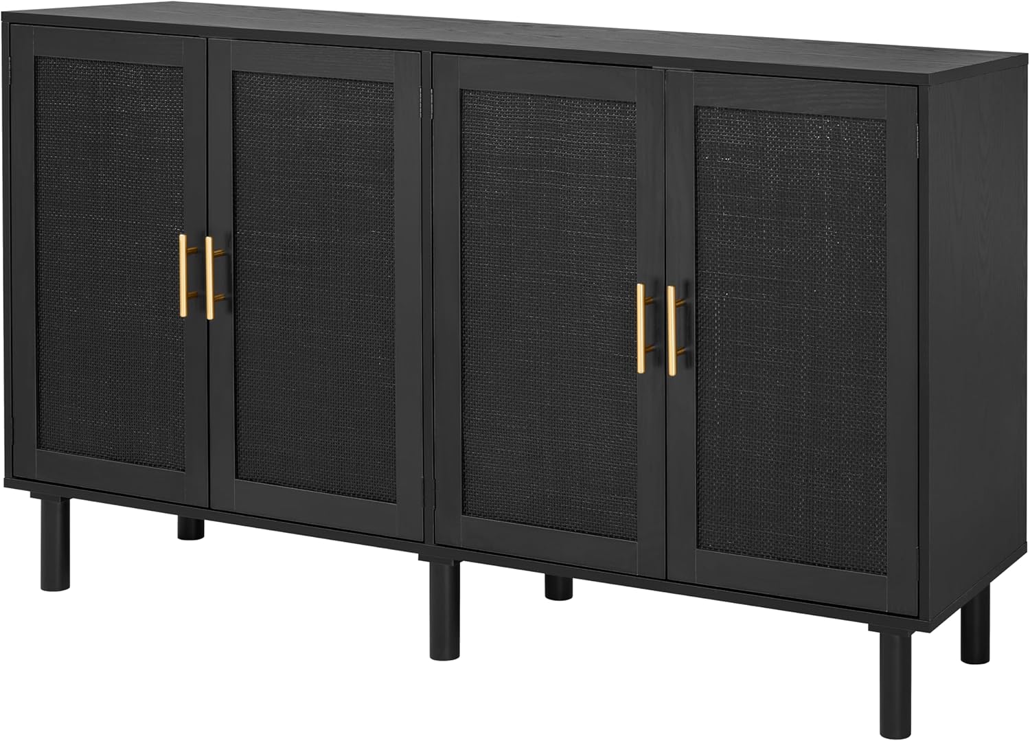 Finnhomy 4 Door Sideboard Buffet Cabinet, Kitchen Storage Cabinet with Rattan Decorated Doors, Cupboard Console Table, Boho Accent Liquor Cabinet for Home Bar, 62.3X 15.7X 34.6 Inches, Natural