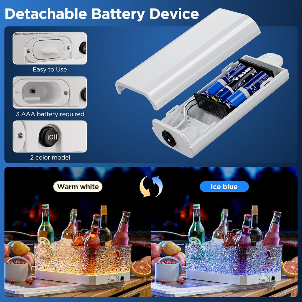 Plastic Ice Bucket for Parties, 15Liter / 4 Gallon Big Large Clear Beverage Tub for Champagne Beer Drink Wine Cocktails Bar, Hosting Party Essentials, LED Light Up, Rectangular, Leakproof