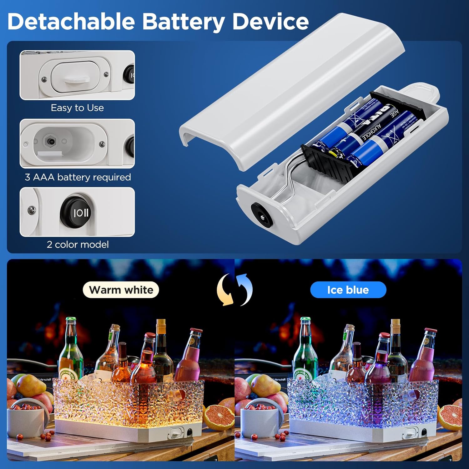 Plastic Ice Bucket for Parties, 15Liter / 4 Gallon Big Large Clear Beverage Tub for Champagne Beer Drink Wine Cocktails Bar, Hosting Party Essentials, LED Light Up, Rectangular, Leakproof