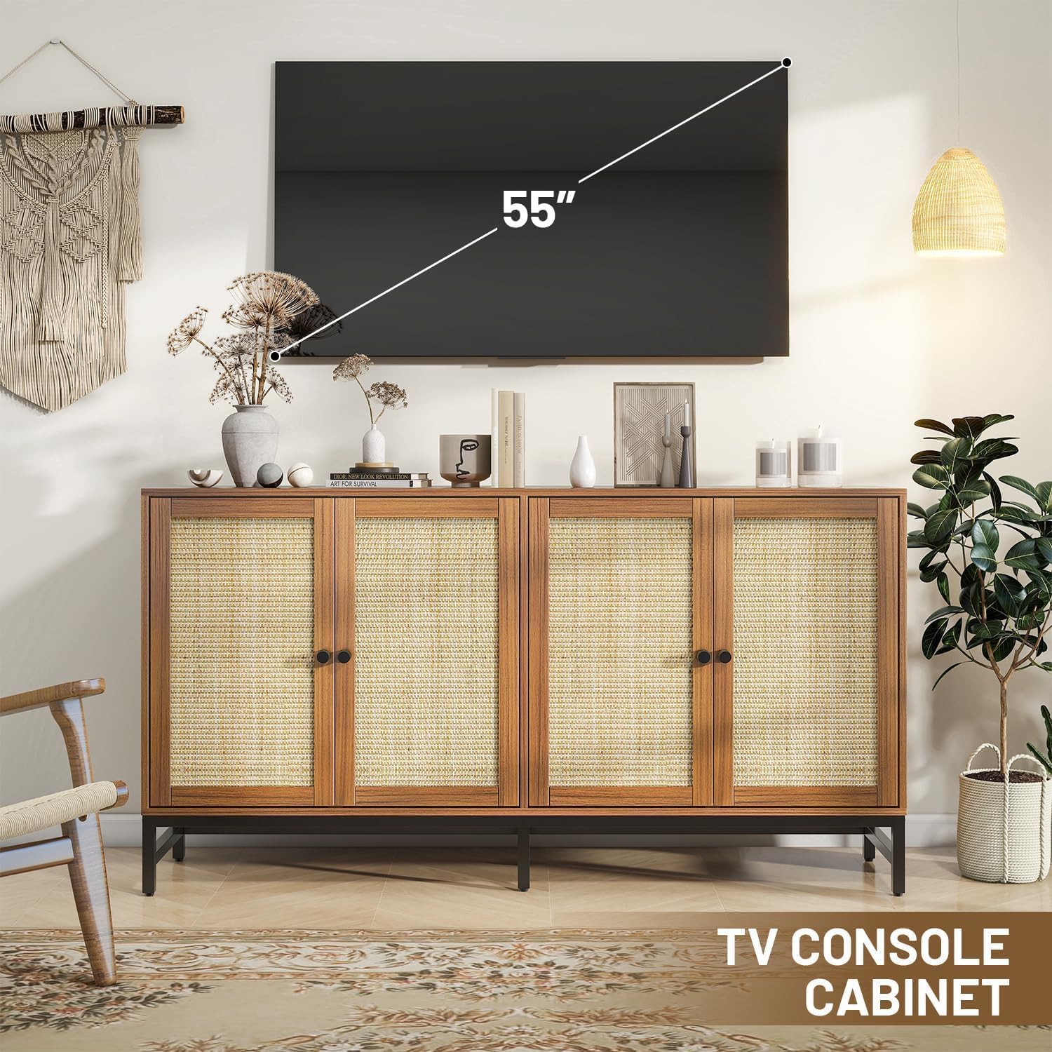 Rattan Sideboard Buffet Cabinet, Walnut Storage Credenza Accent Cabinet with 4 Doors, 59" Large Mid Century Modern Console Table for Kitchen, Living Room and Dining Room