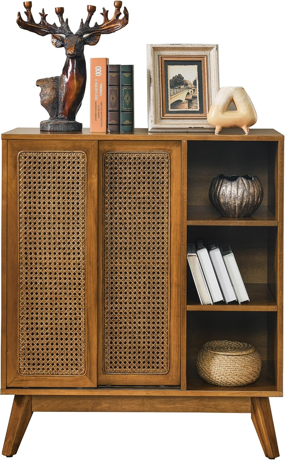 LKTART Mid Century Modern Storage Cabinet with Rattan Sliding Doors and Open Shelves, Boho Style Wooden Sideboard Buffet for Living Room,Light Walnut