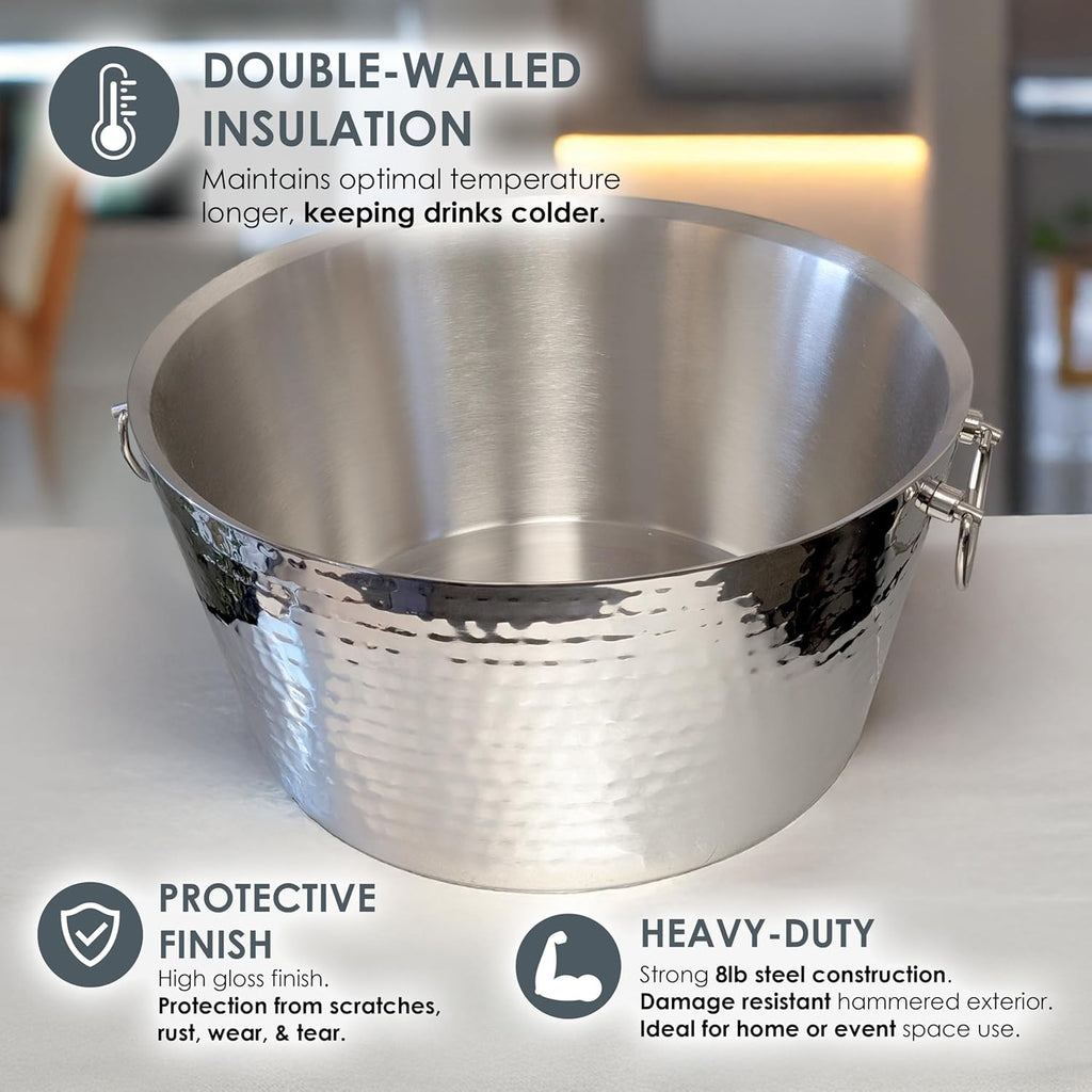 BREKX 6.25 Gallon Large Stainless Steel Bucket for Parties, Double-Walled Insulated Anchored Drink Tub & Ice Bucket with Double Hinged Handles, Silver, Extra Large