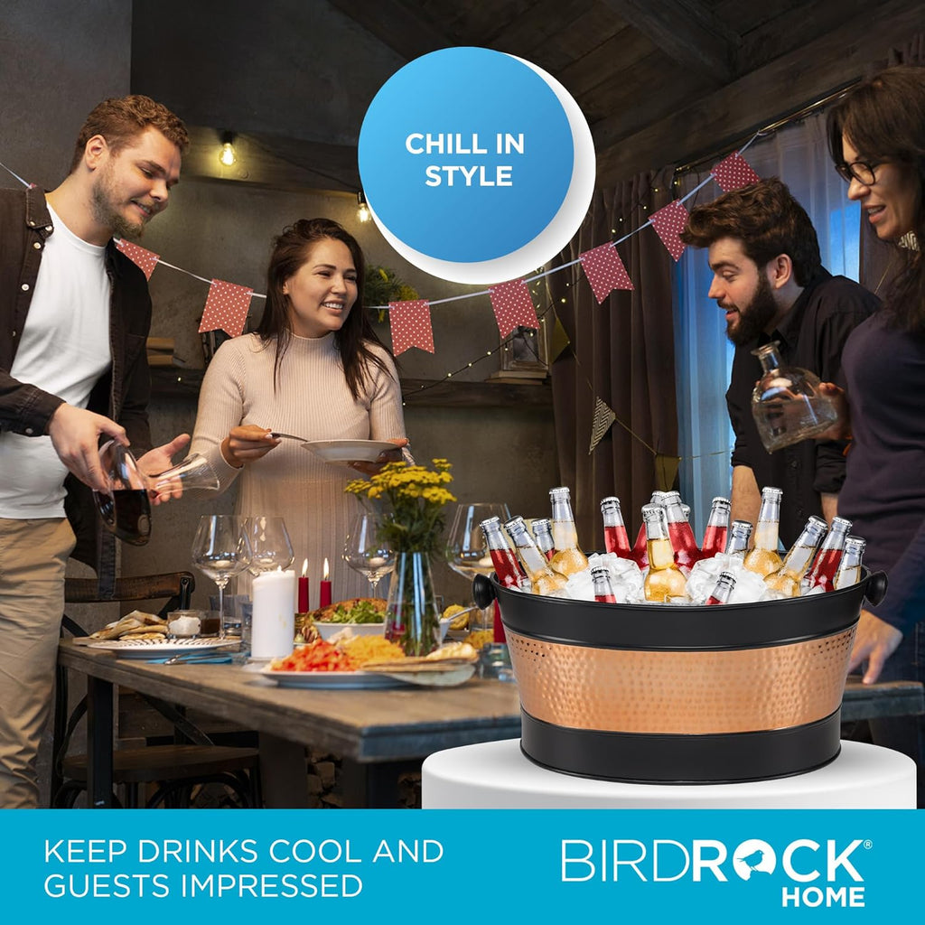 BIRDROCK HOME 25 Quart Oval Stainless Steel Beverage Tub with Removable Iron Liner - Black Finish with Copper Band, Large Capacity, Ideal for Home Entertaining, Events, and Parties