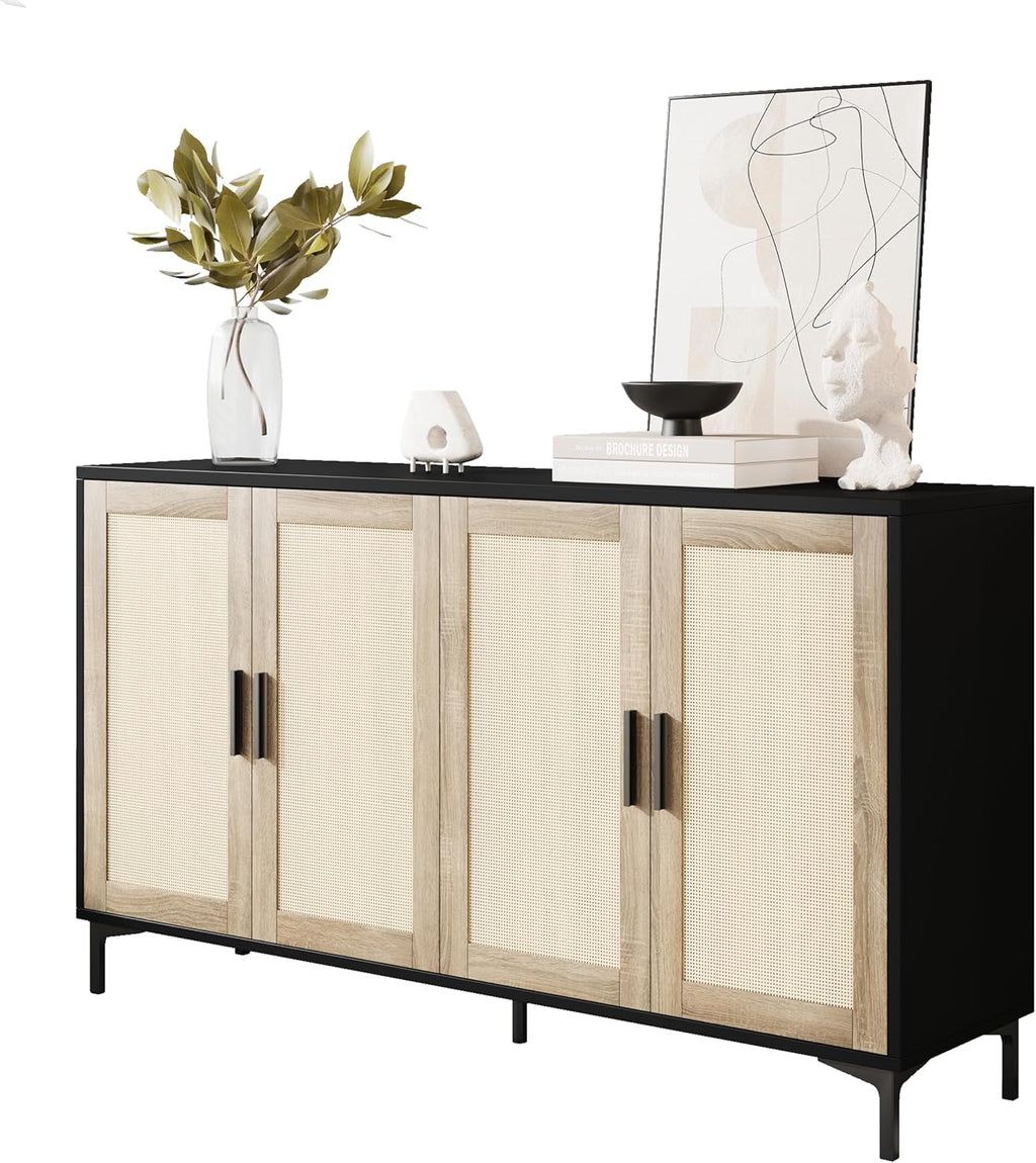 JASIWAY Sideboard - Kitchen Buffet Cabinet with Rattan Decorated Doors, Accent Cabinets with Doors, Coffee Bar Cabinets Rattan Sideboard Buffet Cabinet with Storage (Natural with 4 Doors)