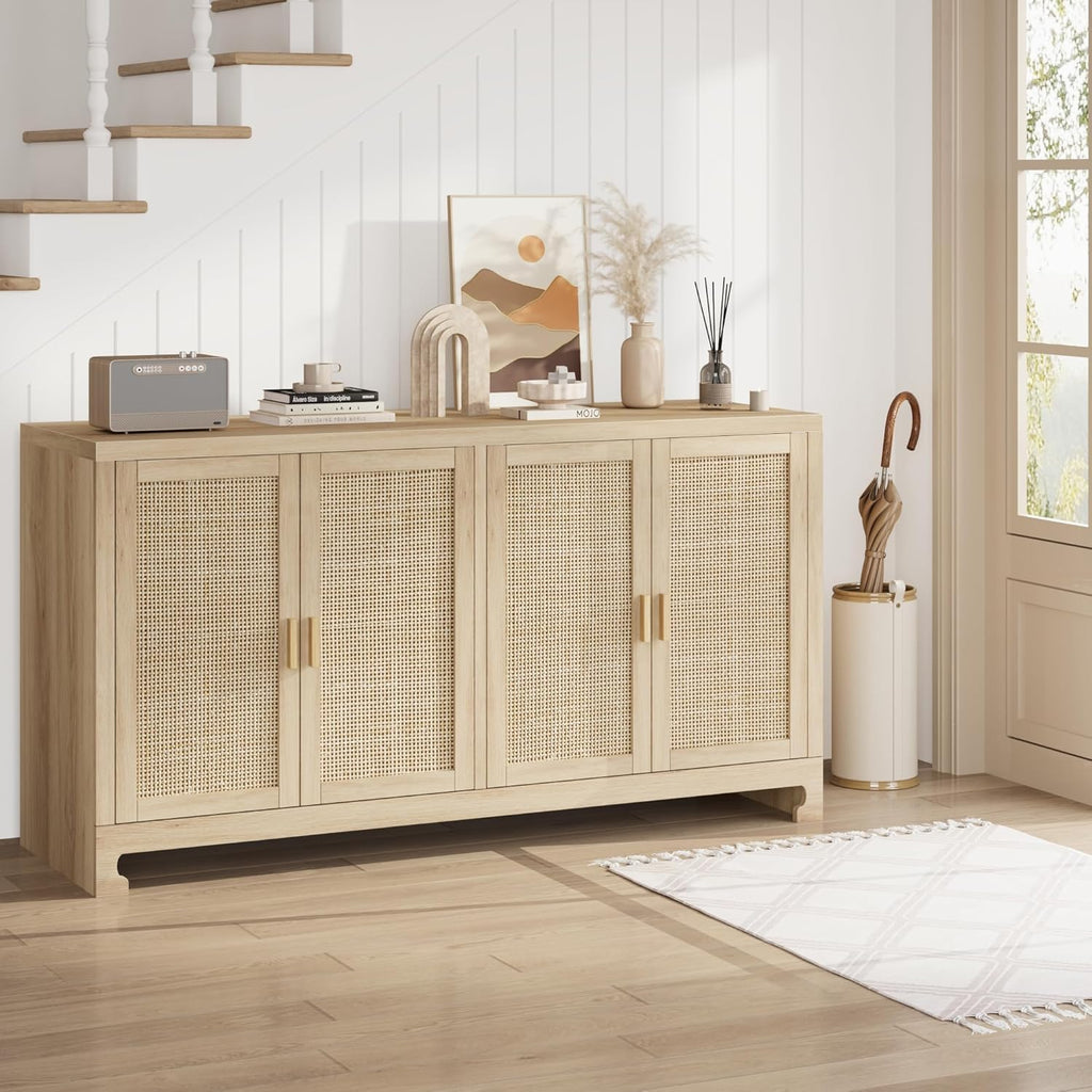 GarveeHome 60 in Farmhouse Rattan Buffet Cabinet - 4-Door Woven Storage Sideboard with Adjustable Shelves, Kitchen Console Table for Dining Room & Living Room Entryway (Oak Brown)