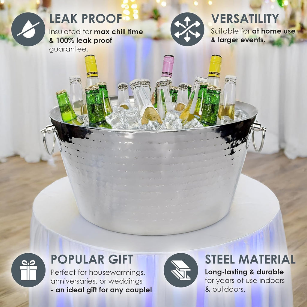 BREKX 6.25 Gallon Large Stainless Steel Bucket for Parties, Double-Walled Insulated Anchored Drink Tub & Ice Bucket with Double Hinged Handles, Silver, Extra Large