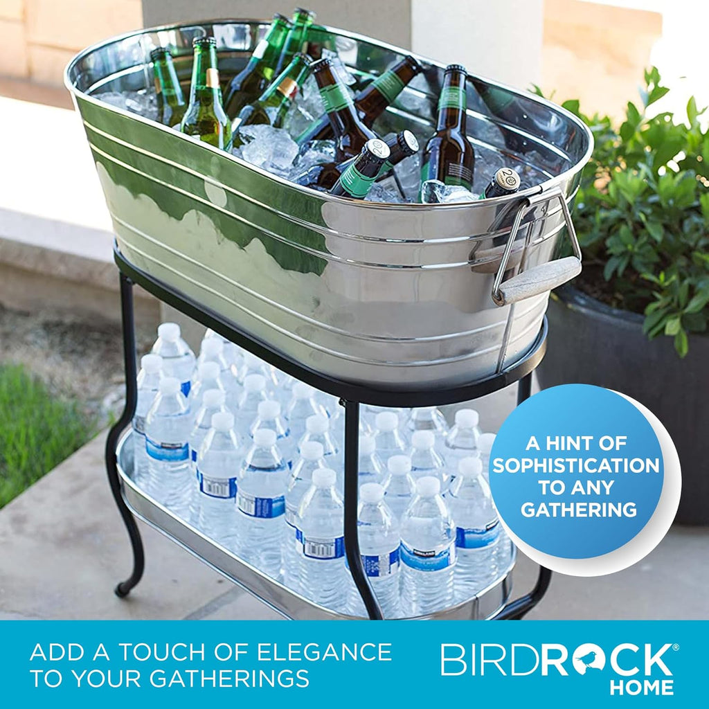 BIRDROCK Home Stainless Steel Beverage Tub with Stand - Bottom Tray - Ice Bucket - Party Drink Holder - Wooden Handles - Outdoor or Indoor Use - Free Standing