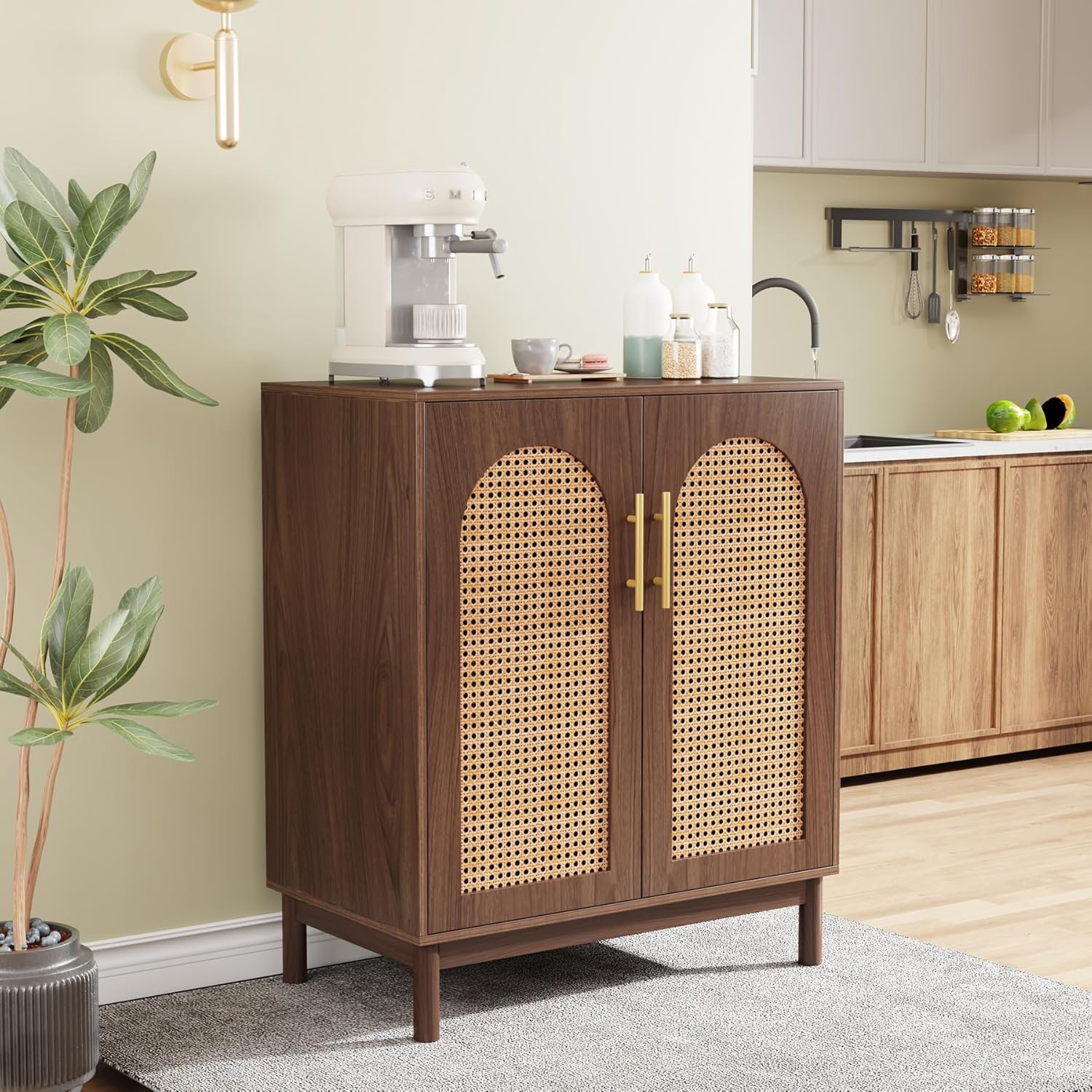 Tribesigns Set of 2 Rattan Sideboard Buffet Cabinet with Storage, 59 Inch Accent Cabinet for Dining Room, Living Room, Kitchen, Rattan and Dark Brown