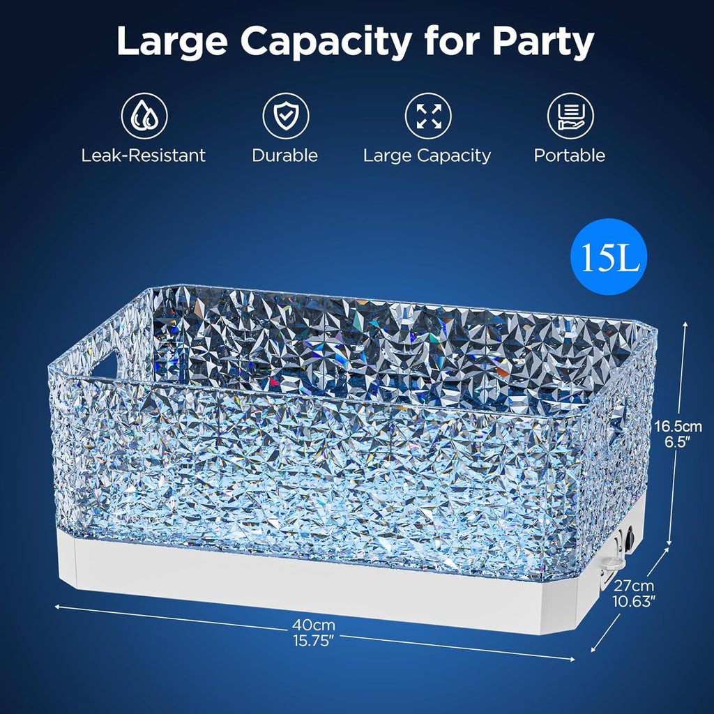 Plastic Ice Bucket for Parties, 15Liter / 4 Gallon Big Large Clear Beverage Tub for Champagne Beer Drink Wine Cocktails Bar, Hosting Party Essentials, LED Light Up, Rectangular, Leakproof