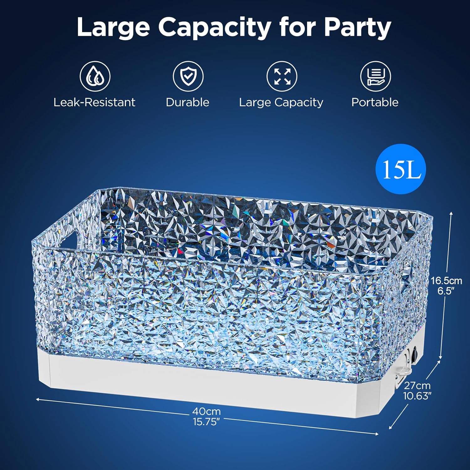 Plastic Ice Bucket for Parties, 15Liter / 4 Gallon Big Large Clear Beverage Tub for Champagne Beer Drink Wine Cocktails Bar, Hosting Party Essentials, LED Light Up, Rectangular, Leakproof