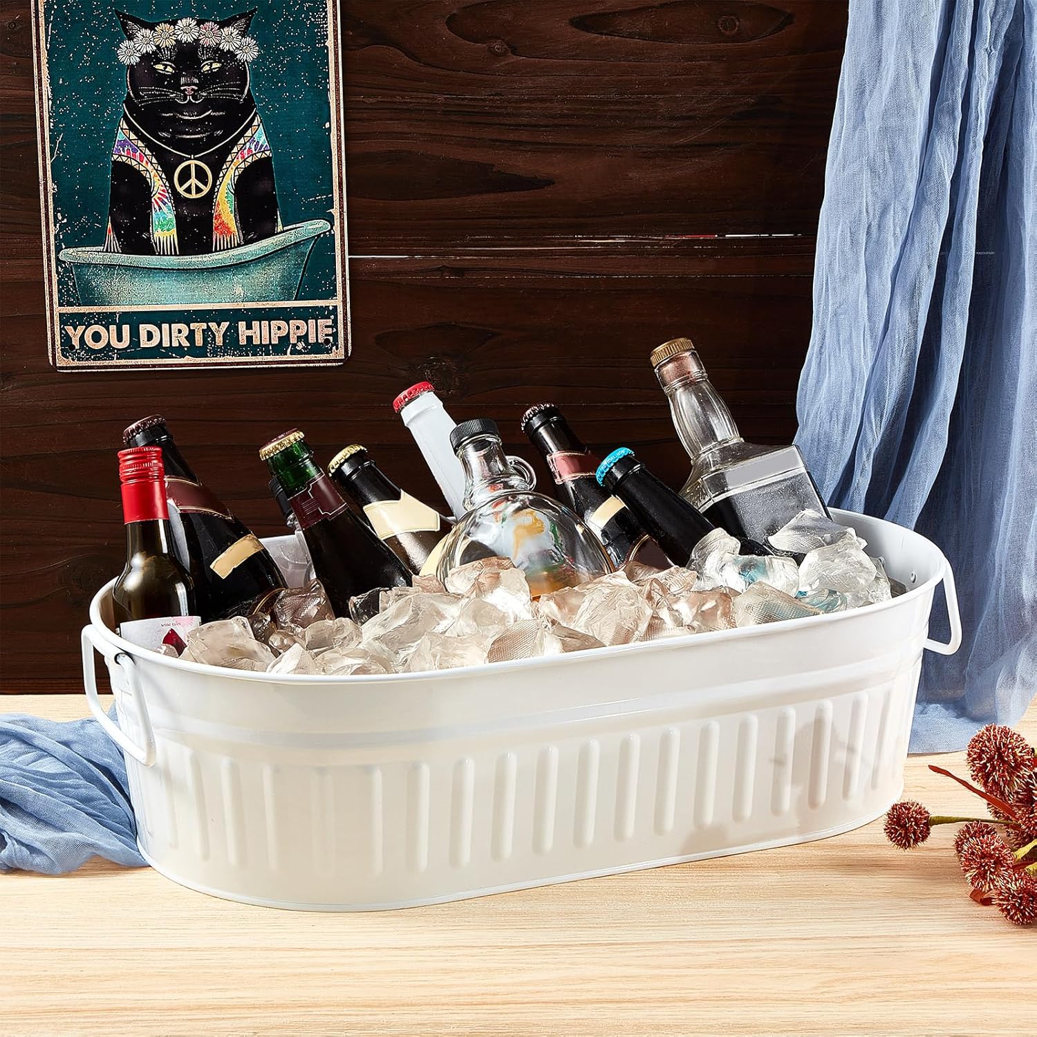 Lallisa 5.3 gallons Galvanized Beverage Tub Galvanized Bucket Metal Ice and Drink Bucket with Handles Tub for Parties Farmhouse Home Pool Bar(White,2 Pcs)