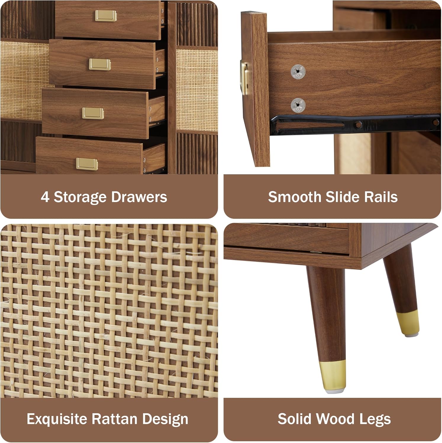 Sideboard Buffet Cabinet with Storage, 47" Rattan Kitchen Storage Cabinet with 2 Slide Doors and 4 Drawers, Accent Cabinets with Adjustable Shelves, Wooden Coffee Bar for Kitchen Dining Room (Walnut)