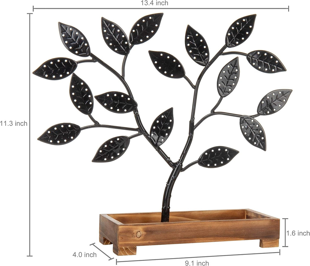 MyGift Earring Storage Rack Organizer, Matte Black Metal Jewelry Tree, Necklace and Bracelet Hanger with Wooden Ring Tray Trinket Holder - Holds 68 Pairs of Earrings