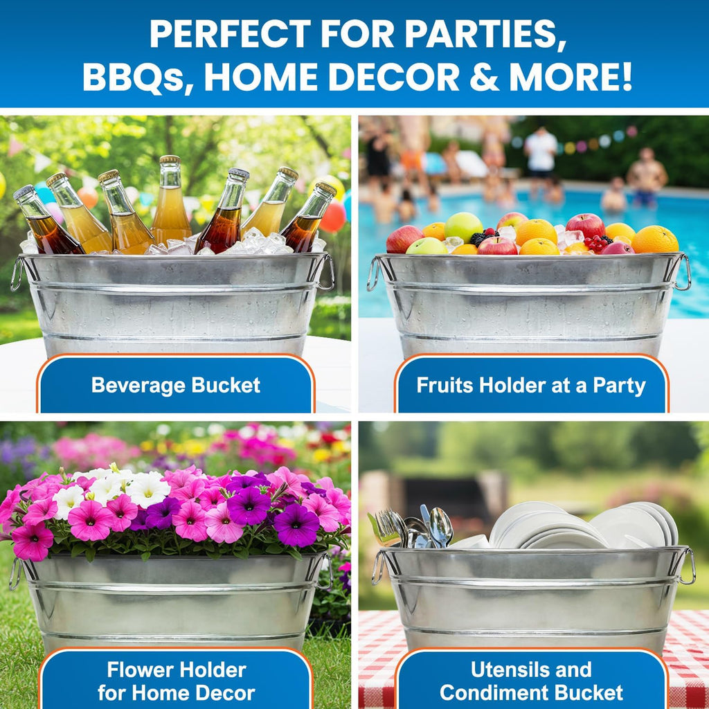 PLEXON Galvanized Tub with Handles - Beverage Tub - Metal Ice Bucket for Parties - Ice Bucket for Cocktail Bar Restaurant - Drink Beer Champagne Chiller Cooler - 5.3 Gallon (20L), Set of 2