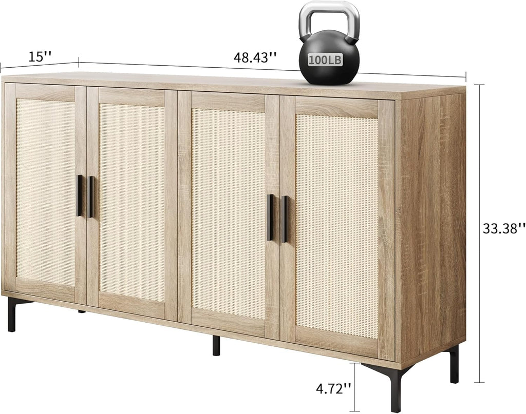 JASIWAY Sideboard - Kitchen Buffet Cabinet with Rattan Decorated Doors, Accent Cabinets with Doors, Coffee Bar Cabinets Rattan Sideboard Buffet Cabinet with Storage (Natural with 4 Doors)
