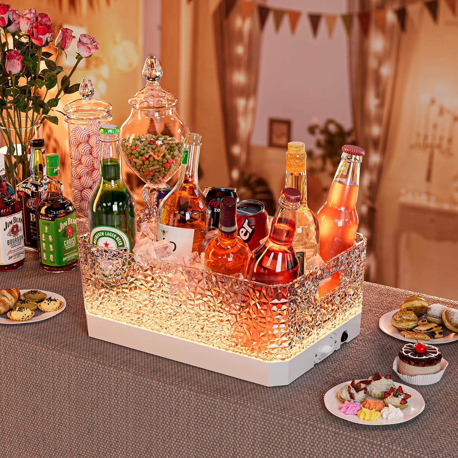 Plastic Ice Bucket for Parties, 15Liter / 4 Gallon Big Large Clear Beverage Tub for Champagne Beer Drink Wine Cocktails Bar, Hosting Party Essentials, LED Light Up, Rectangular, Leakproof