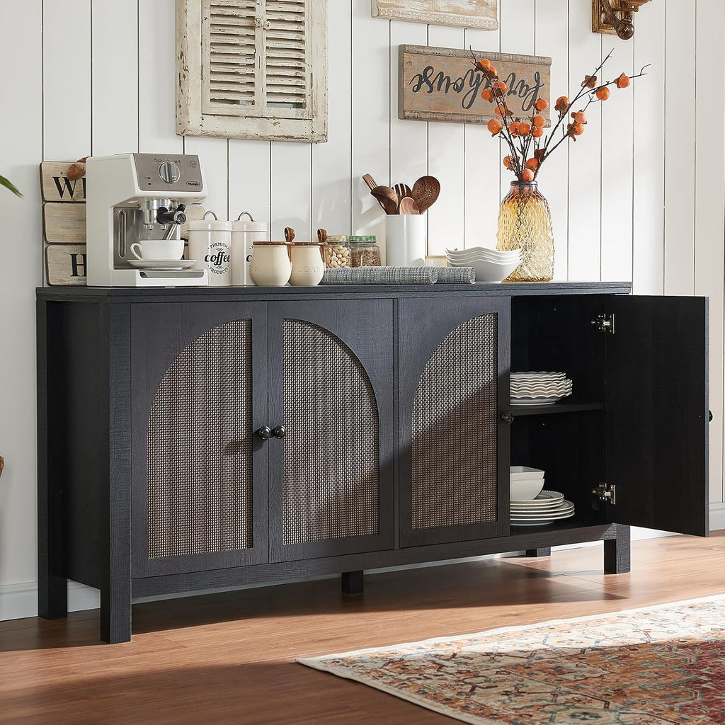 Okvnbjk Sideboard Buffet Cabinet with Storage, 60inch Kitchen Buffet Table with Soft Closing Door Hinges, Rattan Coffee Bar Cabinet for Living Room, Dining Room, Black