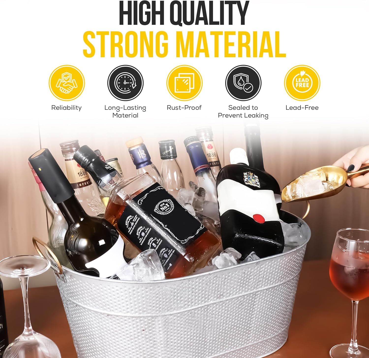 18” Stainless Steel Beverage Tub - 5 Gallon - Gold Handles & Shovel Included - Holds 30 Bottles & Stays Cold for Hours - Use as Wine Bottle Chiller to Beer Bucket Holder - Leak Proof
