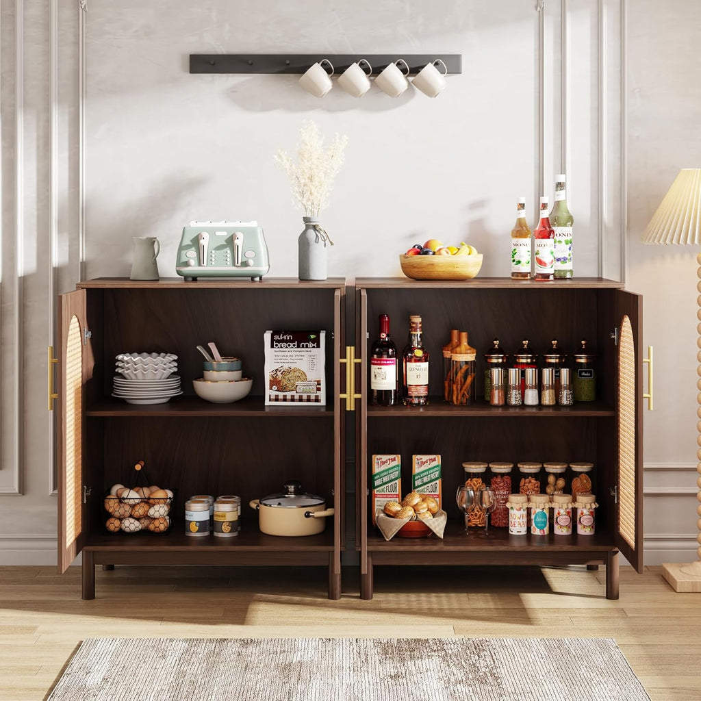 Tribesigns Set of 2 Rattan Sideboard Buffet Cabinet with Storage, 59 Inch Accent Cabinet for Dining Room, Living Room, Kitchen, Rattan and Dark Brown