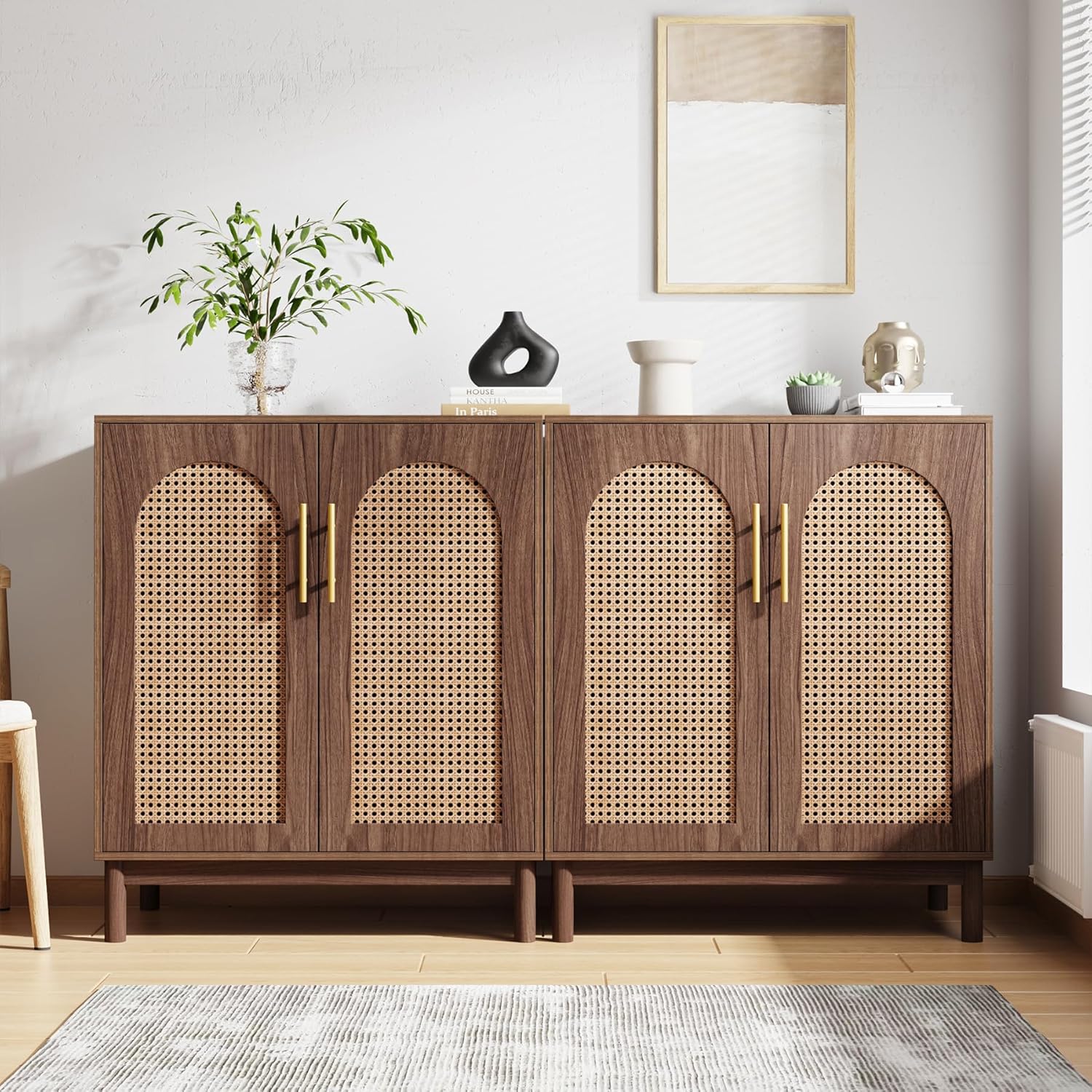Tribesigns Set of 2 Rattan Sideboard Buffet Cabinet with Storage, 59 Inch Accent Cabinet for Dining Room, Living Room, Kitchen, Rattan and Dark Brown