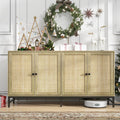 Rattan Sideboard Buffet Cabinet, Walnut Storage Credenza Accent Cabinet with 4 Doors, 59" Large Mid Century Modern Console Table for Kitchen, Living Room and Dining Room