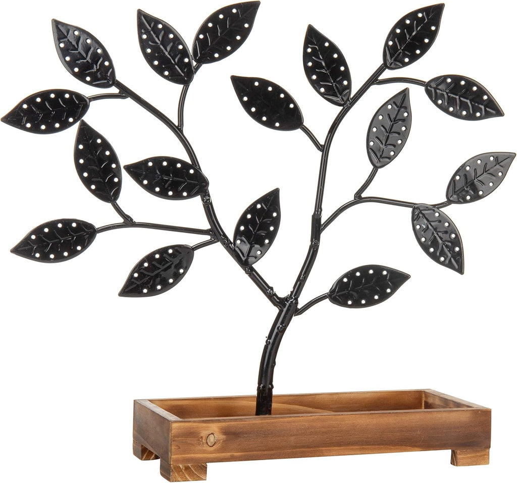 MyGift Earring Storage Rack Organizer, Matte Black Metal Jewelry Tree, Necklace and Bracelet Hanger with Wooden Ring Tray Trinket Holder - Holds 68 Pairs of Earrings