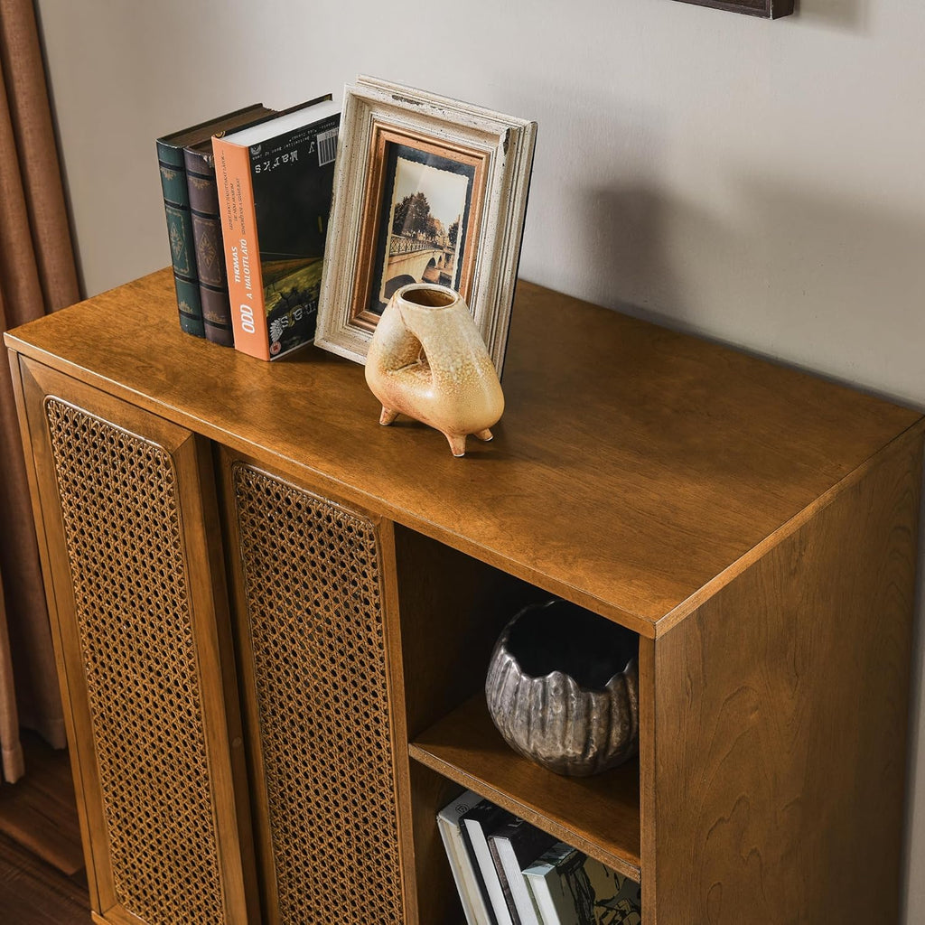 LKTART Mid Century Modern Storage Cabinet with Rattan Sliding Doors and Open Shelves, Boho Style Wooden Sideboard Buffet for Living Room,Light Walnut