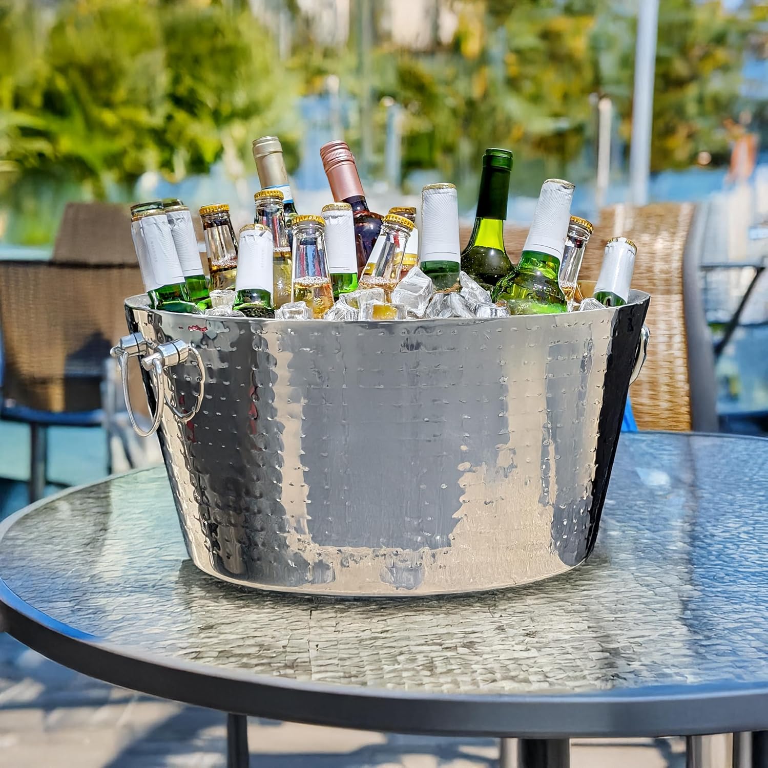 BREKX 6.25 Gallon Large Stainless Steel Bucket for Parties, Double-Walled Insulated Anchored Drink Tub & Ice Bucket with Double Hinged Handles, Silver, Extra Large