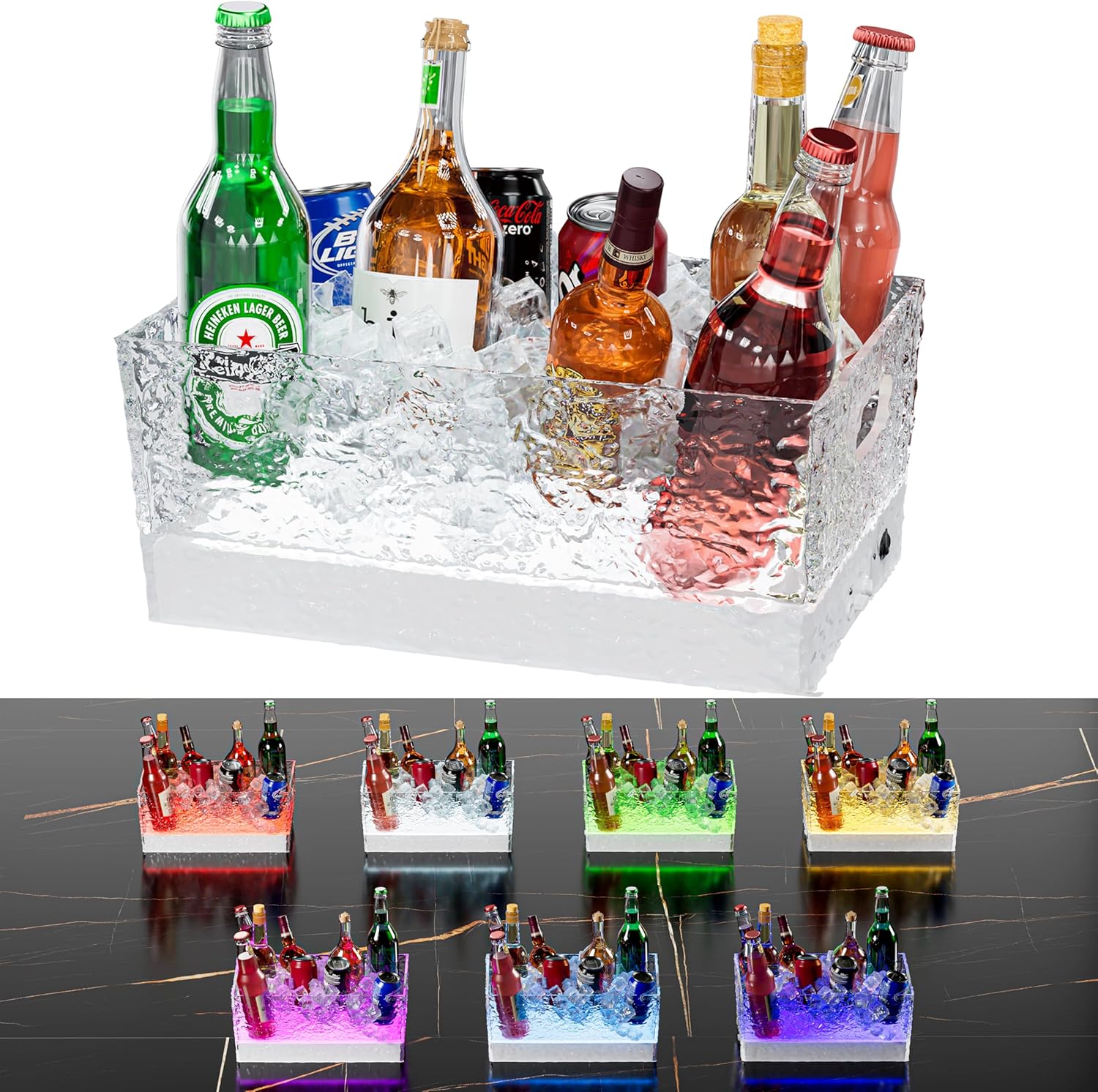 Plastic Ice Bucket for Parties, 15Liter / 4 Gallon Big Large Clear Beverage Tub for Champagne Beer Drink Wine Cocktails Bar, Hosting Party Essentials, LED Light Up, Rectangular, Leakproof
