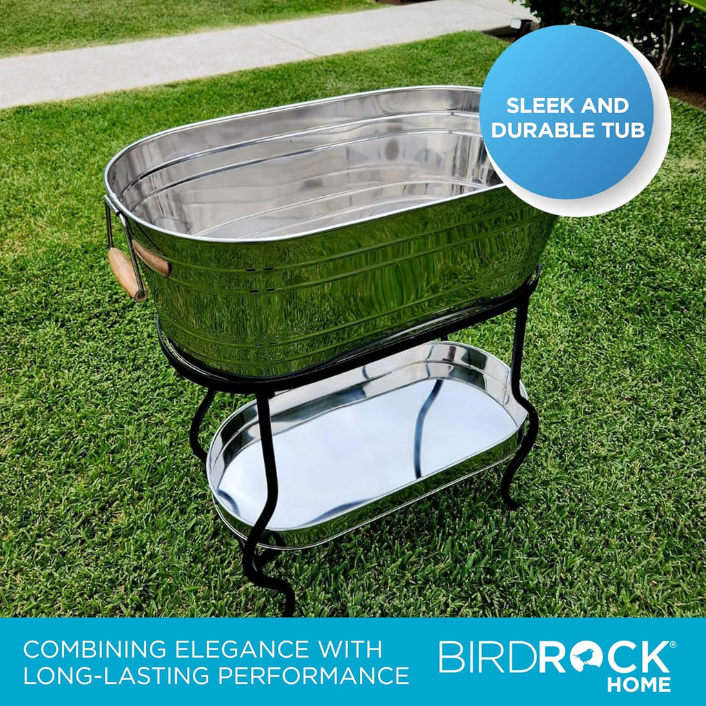 BIRDROCK Home Stainless Steel Beverage Tub with Stand - Bottom Tray - Ice Bucket - Party Drink Holder - Wooden Handles - Outdoor or Indoor Use - Free Standing
