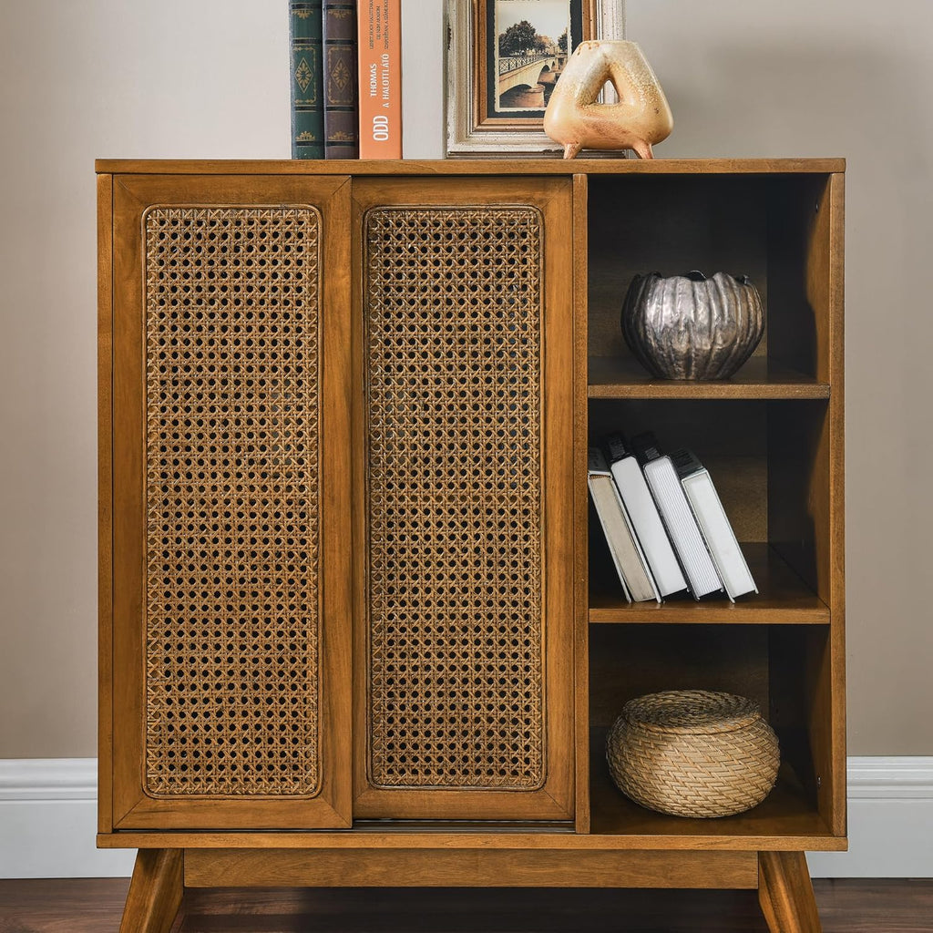 LKTART Mid Century Modern Storage Cabinet with Rattan Sliding Doors and Open Shelves, Boho Style Wooden Sideboard Buffet for Living Room,Light Walnut